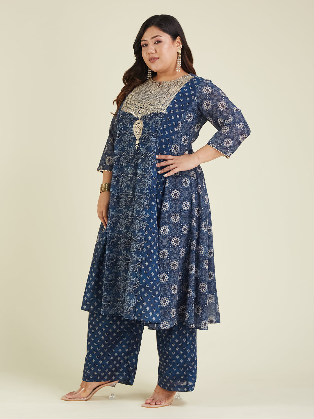 Women's Plus Size Dark Blue Georgette Ajrakh Printed Embellished Anarkali Kurta Set
