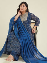 Women's Plus Size Dark Blue Georgette Ajrakh Printed Embellished Anarkali Kurta Set