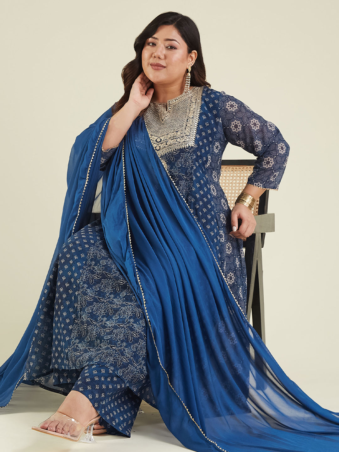 Women's Plus Size Dark Blue Georgette Ajrakh Printed Embellished Anarkali Kurta Set