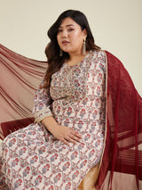 Women's Plus Size Cream & Maroon Georgette Embroidered Ajrakh Printed Straight Kurta Set