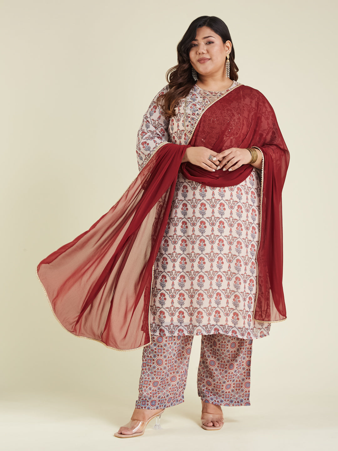 Women's Plus Size Cream & Maroon Georgette Embroidered Ajrakh Printed Straight Kurta Set