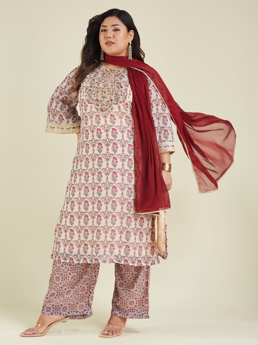 Women's Plus Size Cream & Maroon Georgette Embroidered Ajrakh Printed Straight Kurta Set