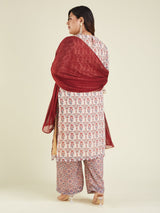 Women's Plus Size Cream & Maroon Georgette Embroidered Ajrakh Printed Straight Kurta Set