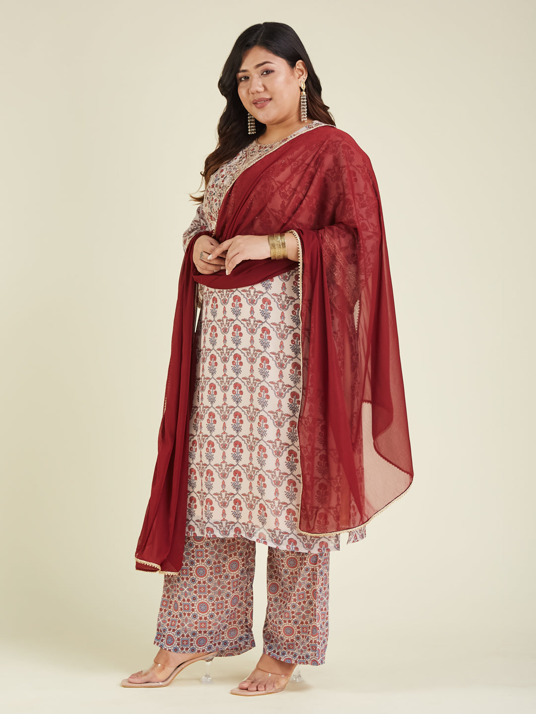 Women's Plus Size Cream & Maroon Georgette Embroidered Ajrakh Printed Straight Kurta Set