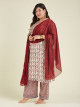 Women's Plus Size Cream & Maroon Georgette Embroidered Ajrakh Printed Straight Kurta Set