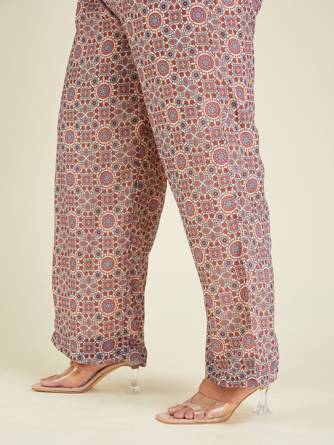 Women's Plus Size Cream & Maroon Georgette Embroidered Ajrakh Printed Straight Kurta Set