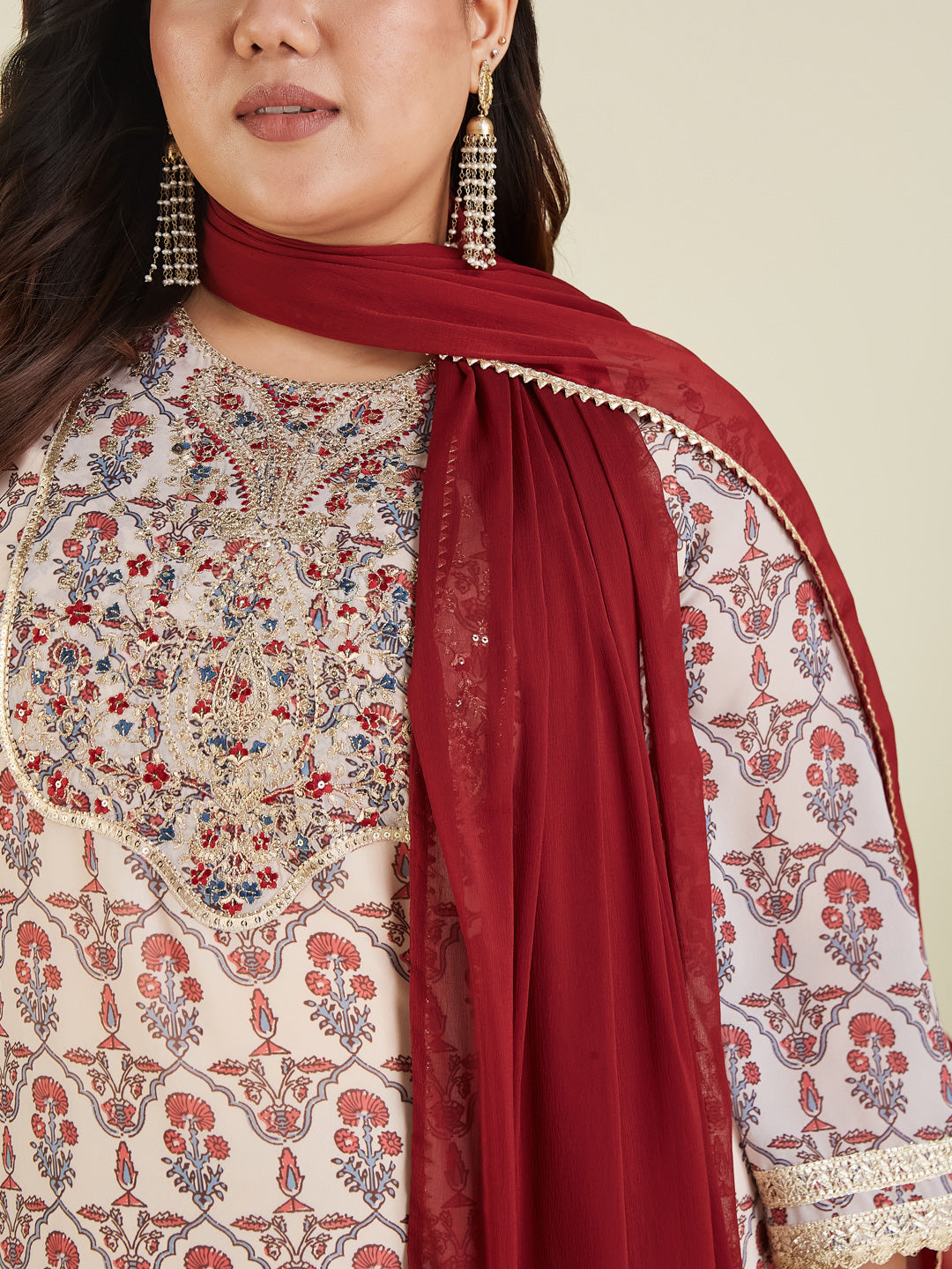 Women's Plus Size Cream & Maroon Georgette Embroidered Ajrakh Printed Straight Kurta Set