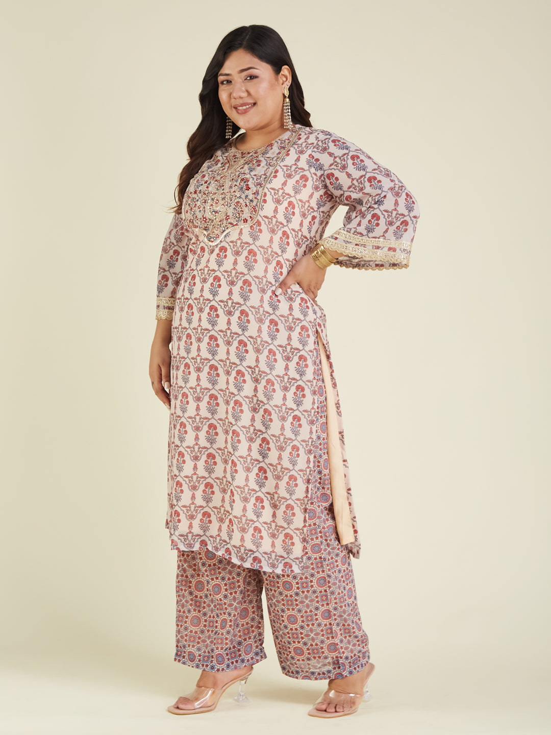 Women's Plus Size Cream & Maroon Georgette Embroidered Ajrakh Printed Straight Kurta Set