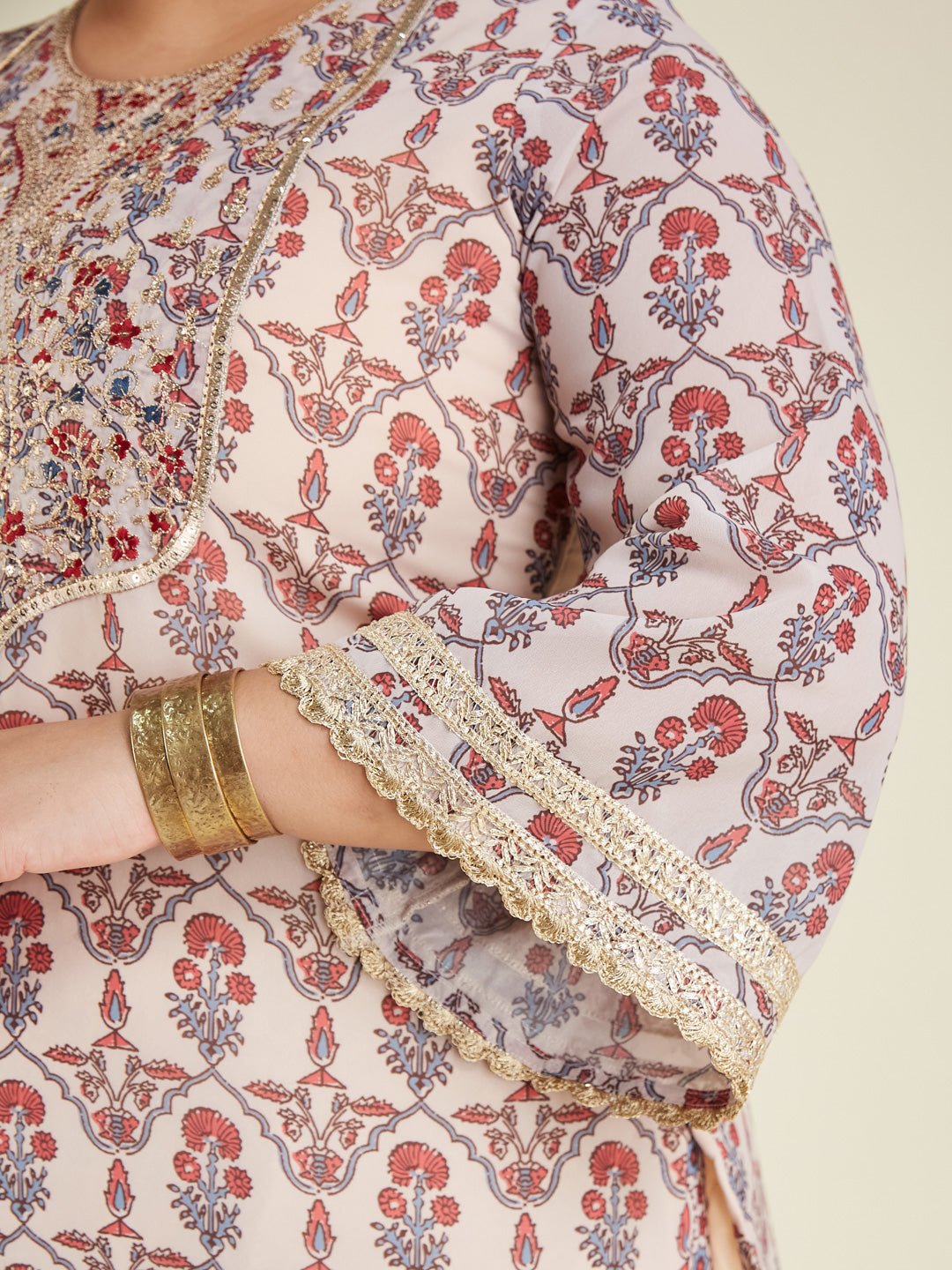 Women's Plus Size Cream & Maroon Georgette Embroidered Ajrakh Printed Straight Kurta Set