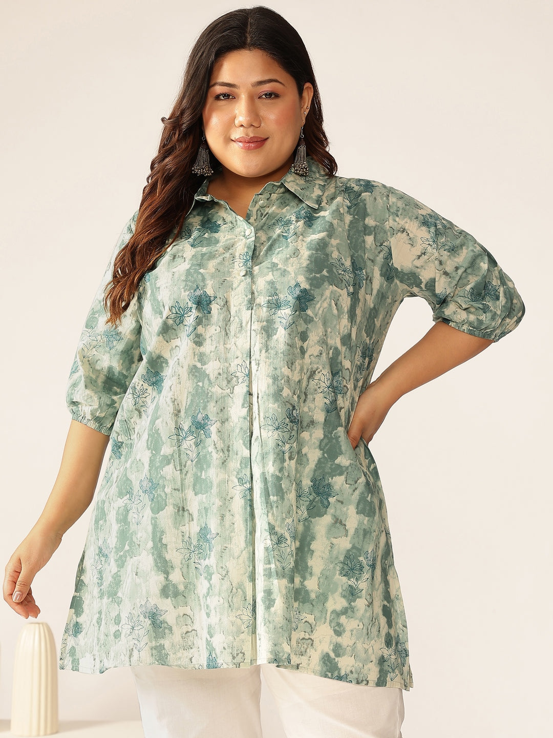 Plus Size Aqua Pure Cotton Tie & Dye A-line Tunic