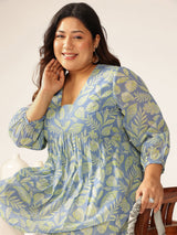 Plus Size Blue Georgette Tropical Printed A-line Tunic