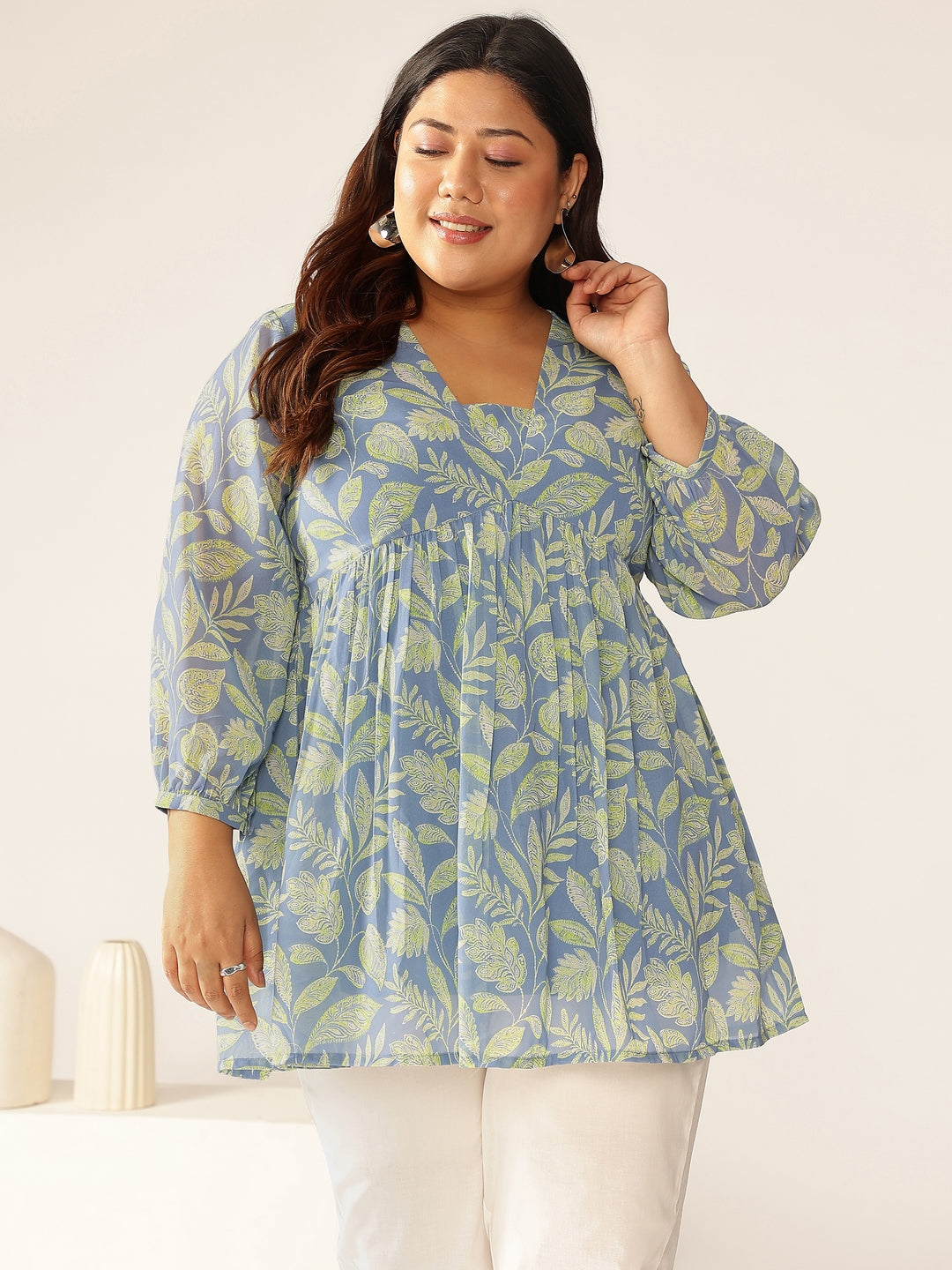 Plus Size Blue Georgette Tropical Printed A-line Tunic