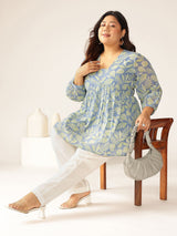 Plus Size Blue Georgette Tropical Printed A-line Tunic