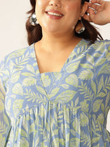 Plus Size Blue Georgette Tropical Printed A-line Tunic