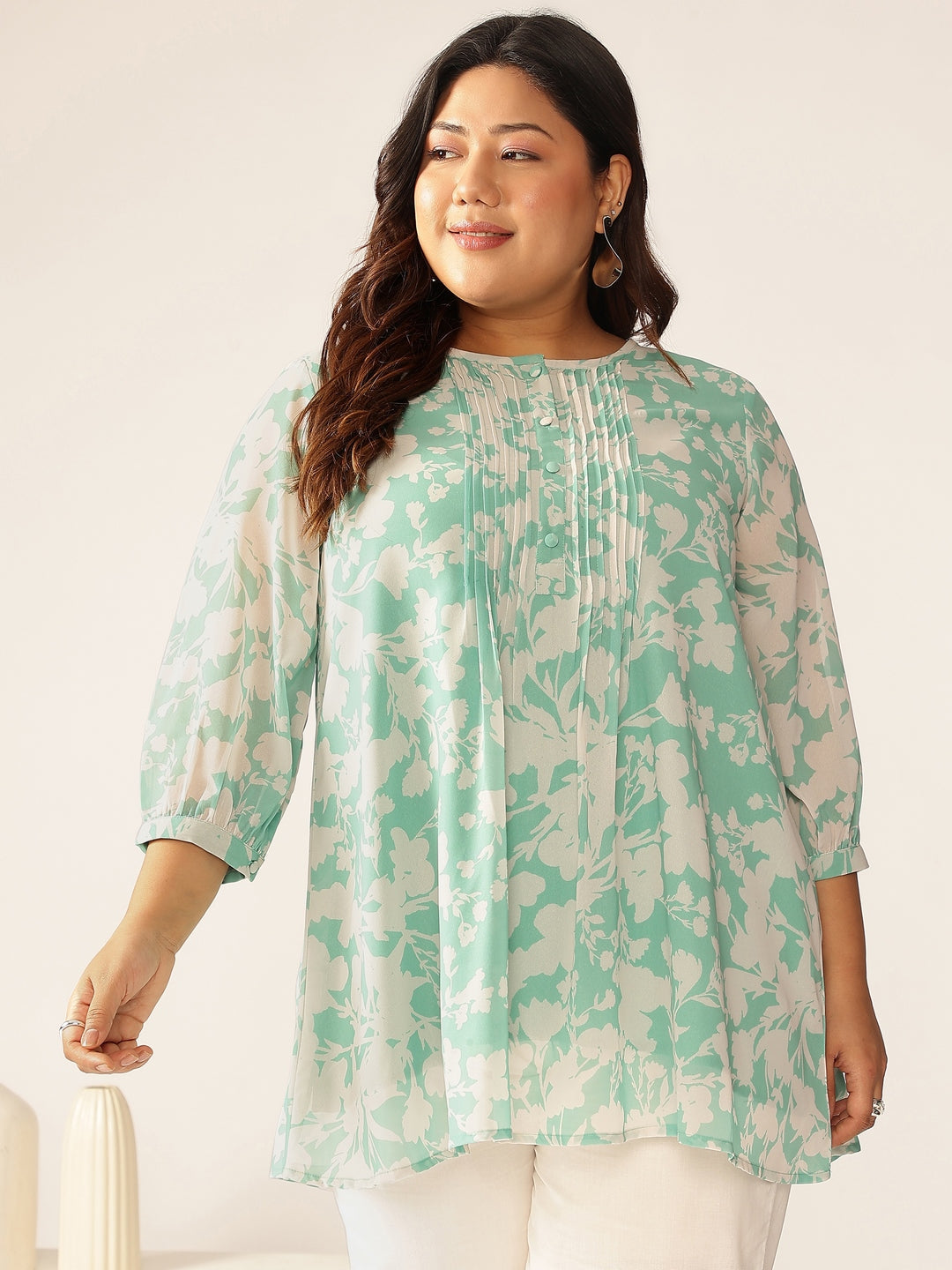 Plus Size Green Georgette Floral Printed A-line Tunic