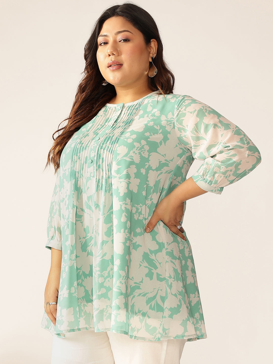 Plus Size Green Georgette Floral Printed A-line Tunic