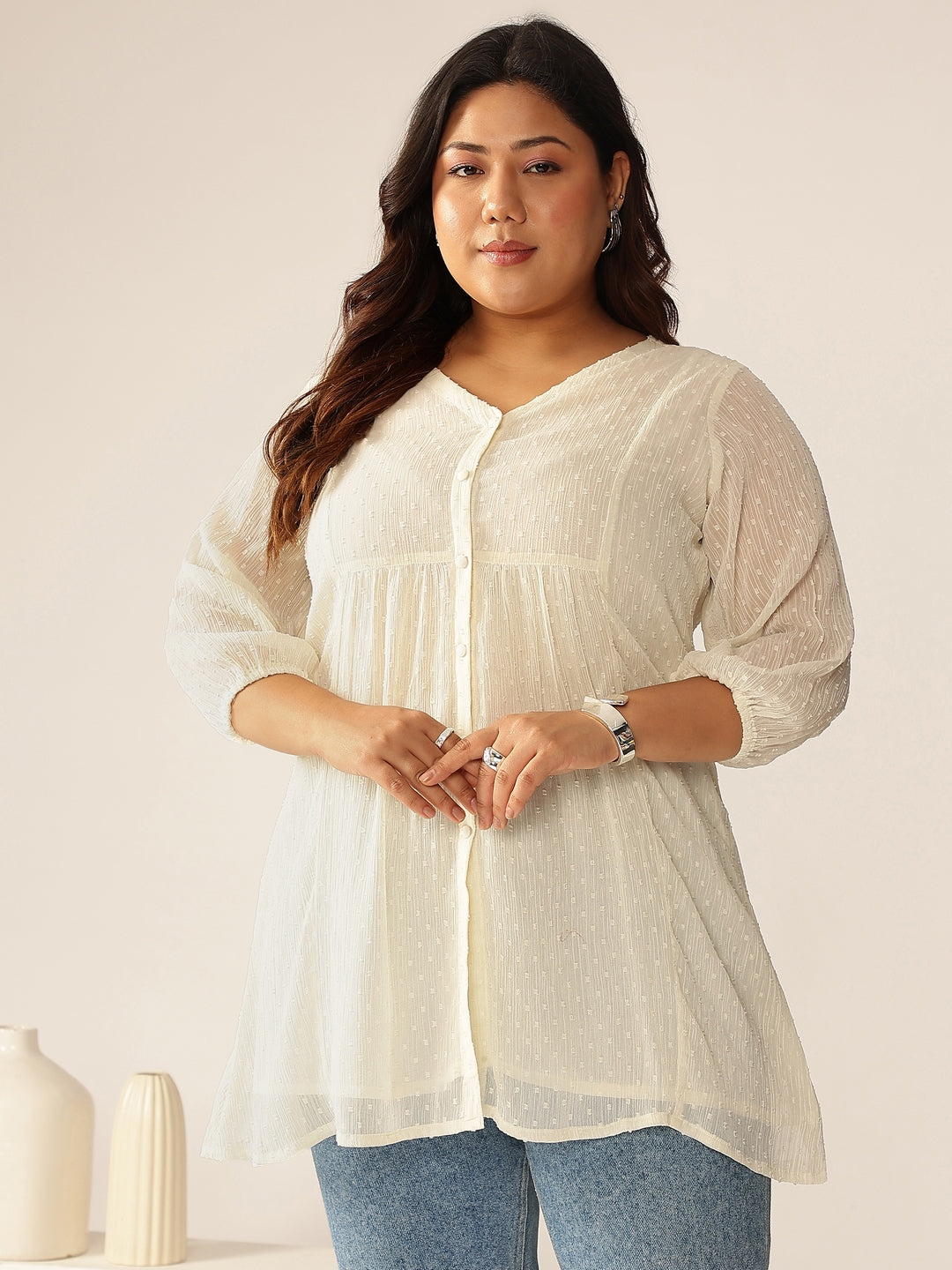 Women's Plus Size Off White Dobby Chiffon Self Design A-line Tunic