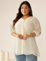 Women's Plus Size Off White Dobby Chiffon Self Design A-line Tunic