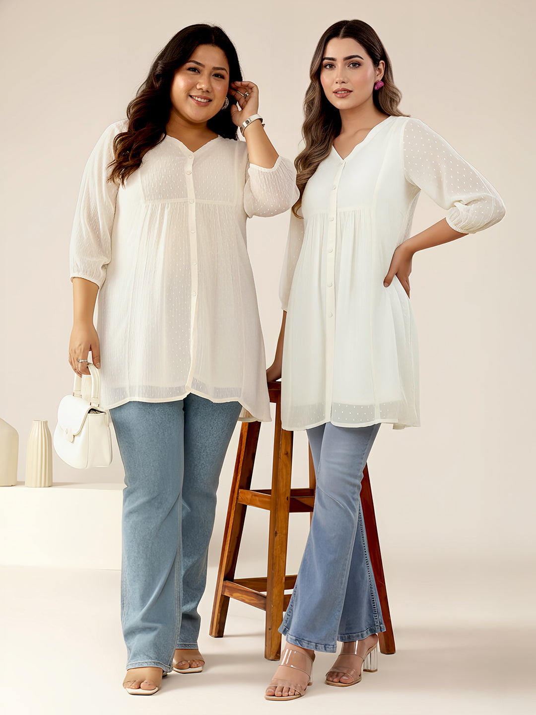 Women's Plus Size Off White Dobby Chiffon Self Design A-line Tunic