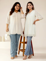 Women's Plus Size Off White Dobby Chiffon Self Design A-line Tunic