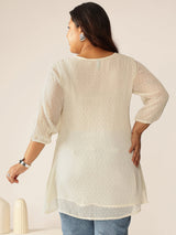 Women's Plus Size Off White Dobby Chiffon Self Design A-line Tunic