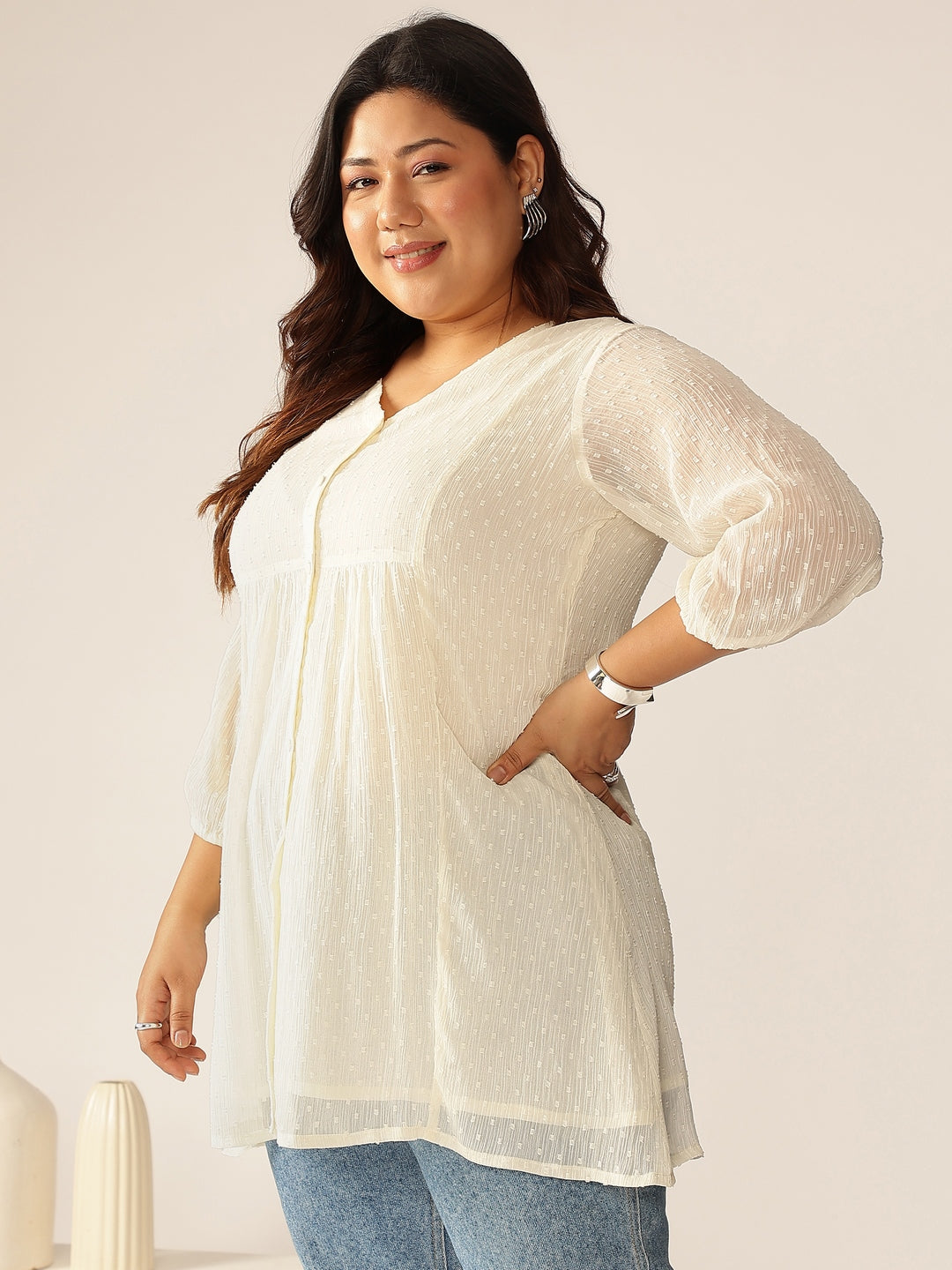 Women's Plus Size Off White Dobby Chiffon Self Design A-line Tunic