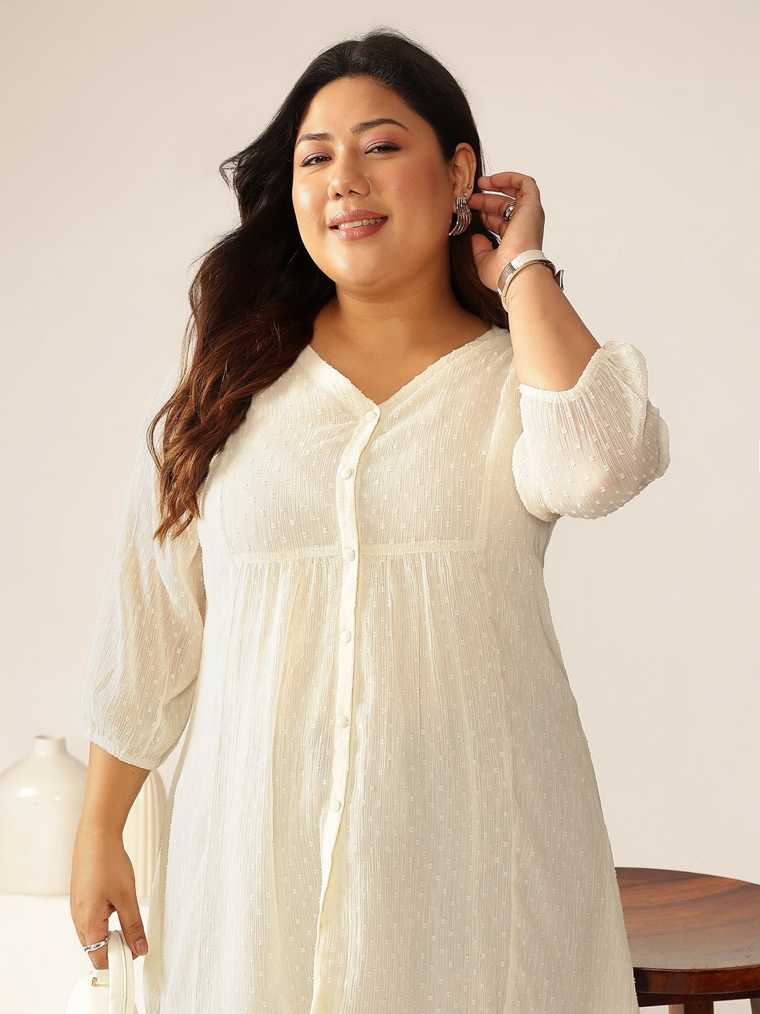 Women's Plus Size Off White Dobby Chiffon Self Design A-line Tunic