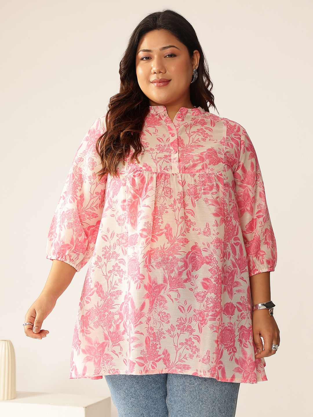 Plus Size Pink Silk Blend Floral Printed A-line Tunic
