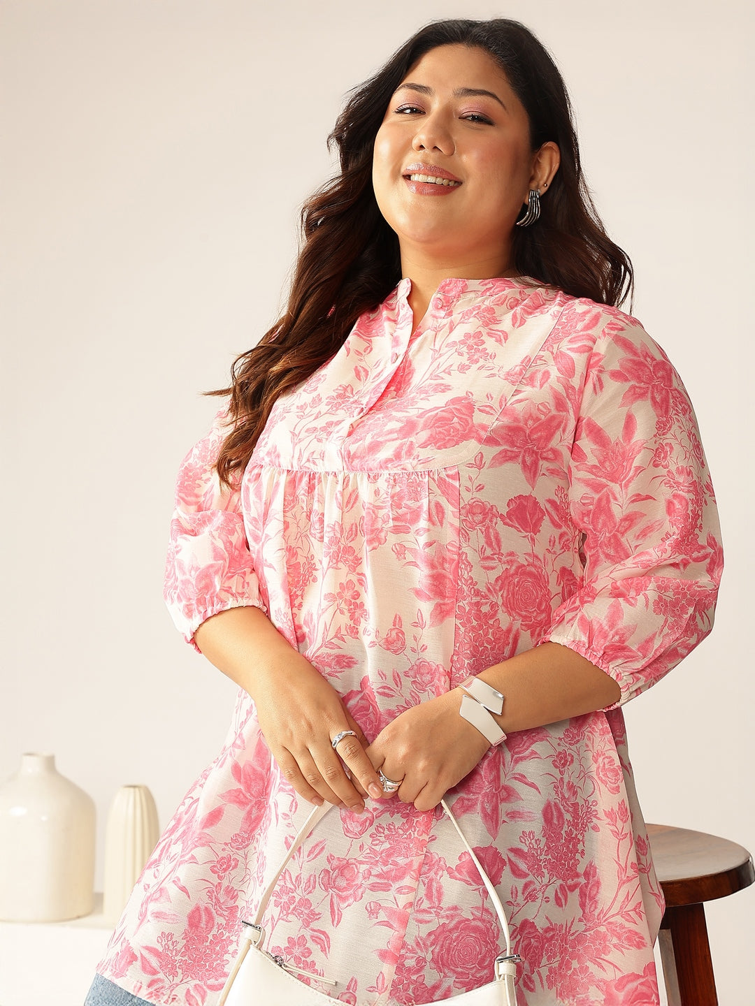 Plus Size Pink Silk Blend Floral Printed A-line Tunic