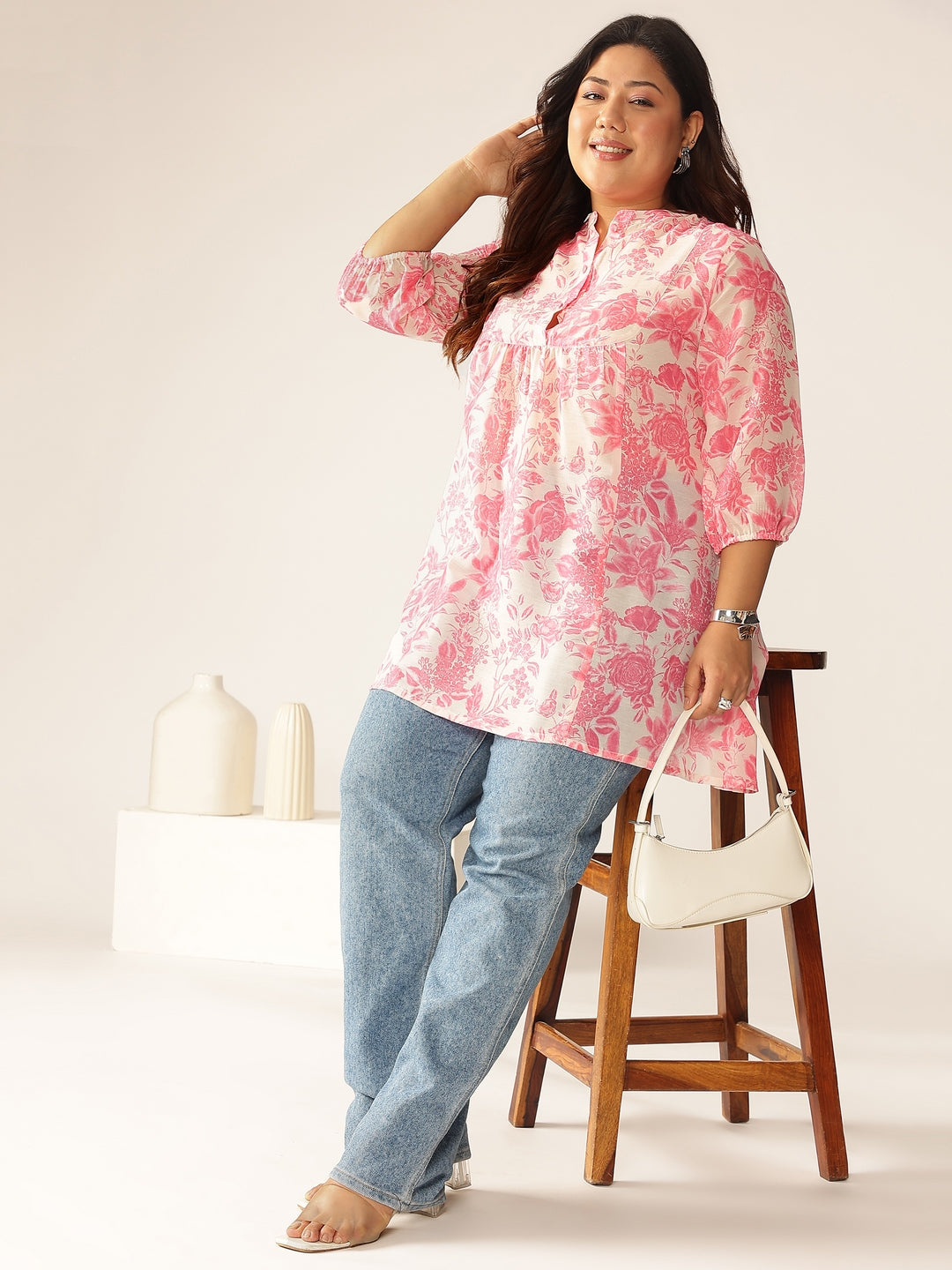 Plus Size Pink Silk Blend Floral Printed A-line Tunic