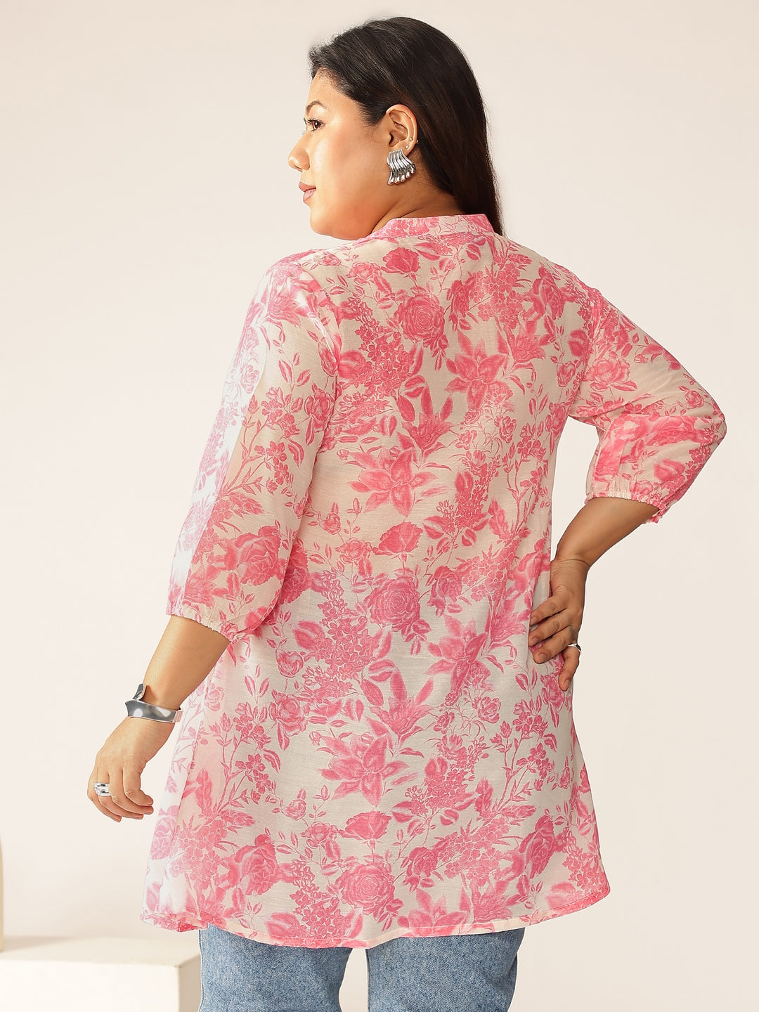 Plus Size Pink Silk Blend Floral Printed A-line Tunic