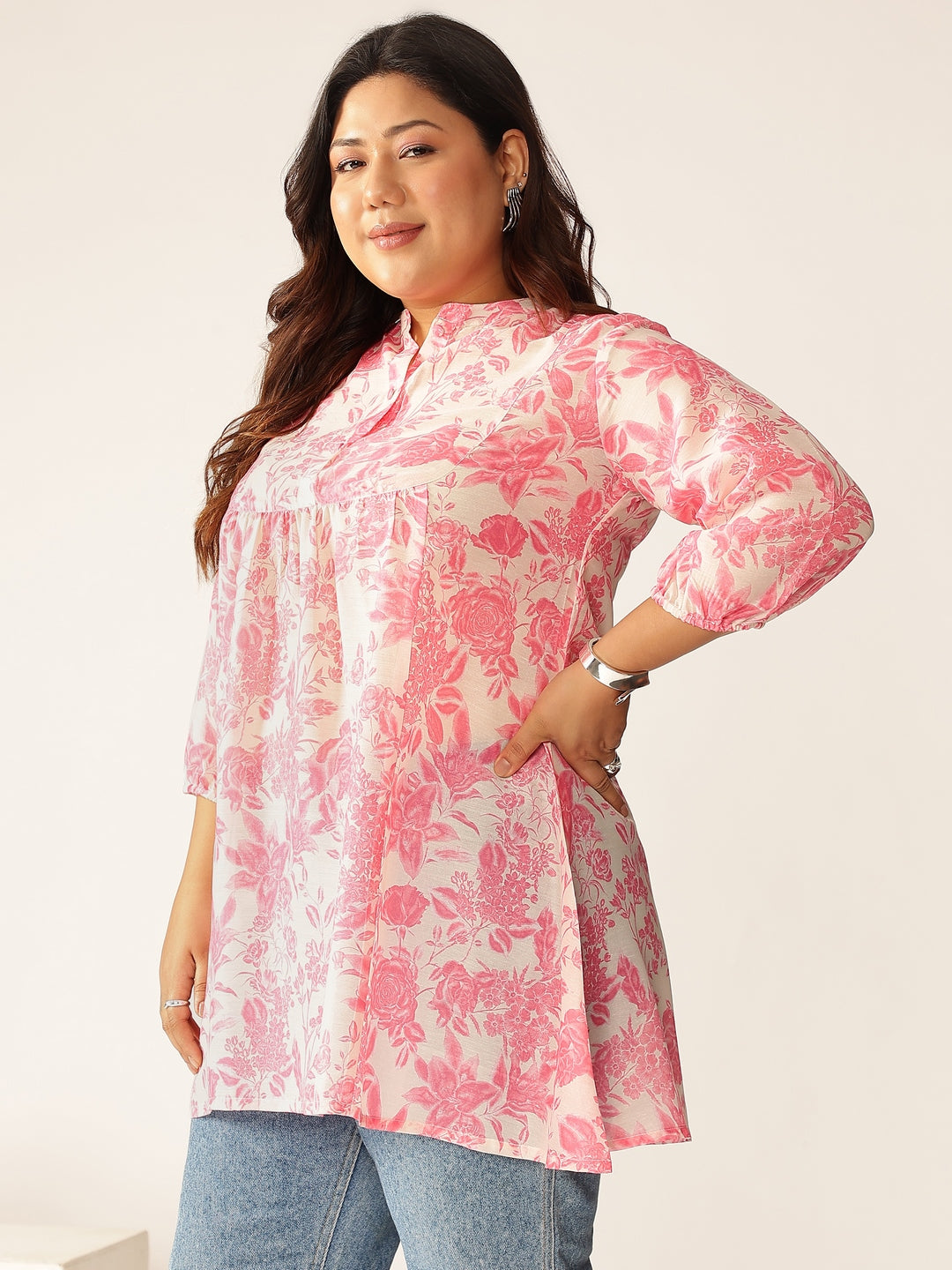 Plus Size Pink Silk Blend Floral Printed A-line Tunic