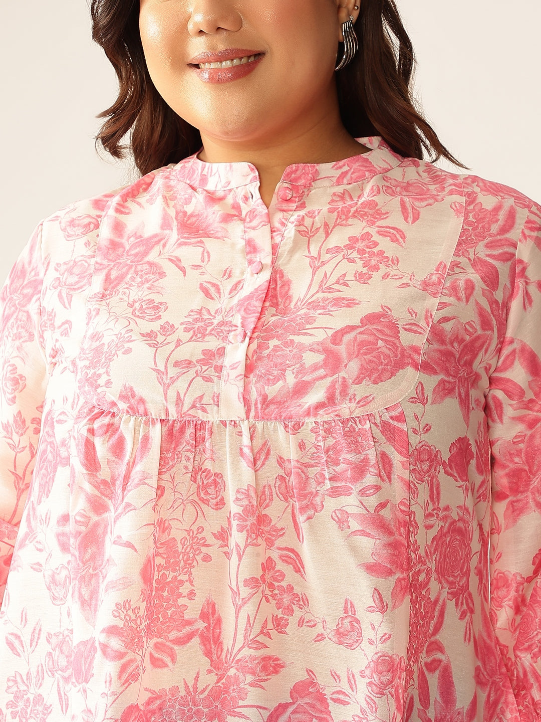 Plus Size Pink Silk Blend Floral Printed A-line Tunic
