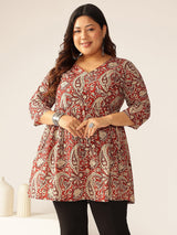 Plus Size Maroon Pure Cotton Paisley Printed Peplum Tunic