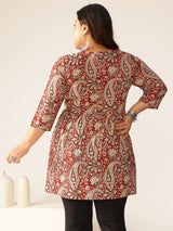 Plus Size Maroon Pure Cotton Paisley Printed Peplum Tunic