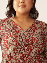 Plus Size Maroon Pure Cotton Paisley Printed Peplum Tunic