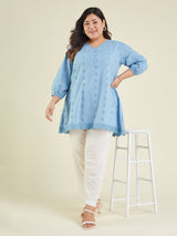 Women's Plus Size Light Blue Pure Cotton Schiffli Embroidered A-line Tunic