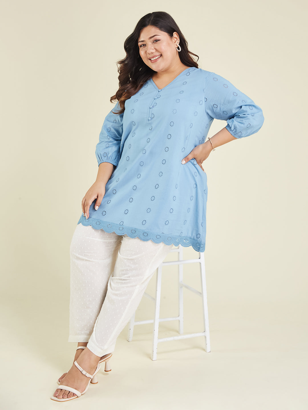 Women's Plus Size Light Blue Pure Cotton Schiffli Embroidered A-line Tunic