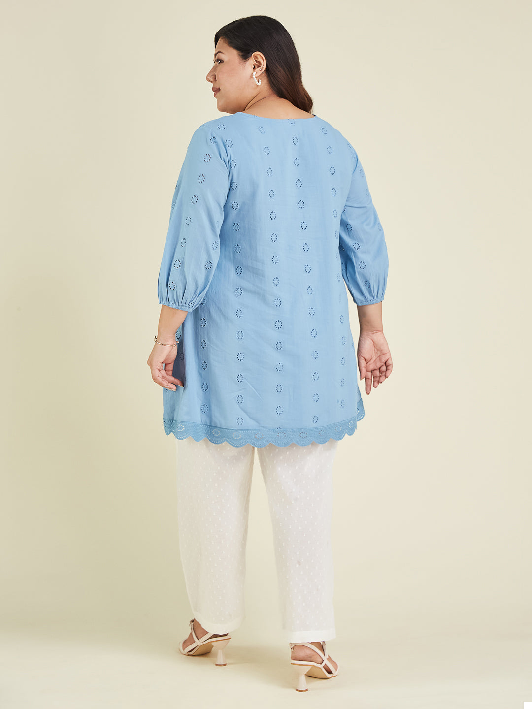 Women's Plus Size Light Blue Pure Cotton Schiffli Embroidered A-line Tunic