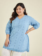 Women's Plus Size Light Blue Pure Cotton Schiffli Embroidered A-line Tunic