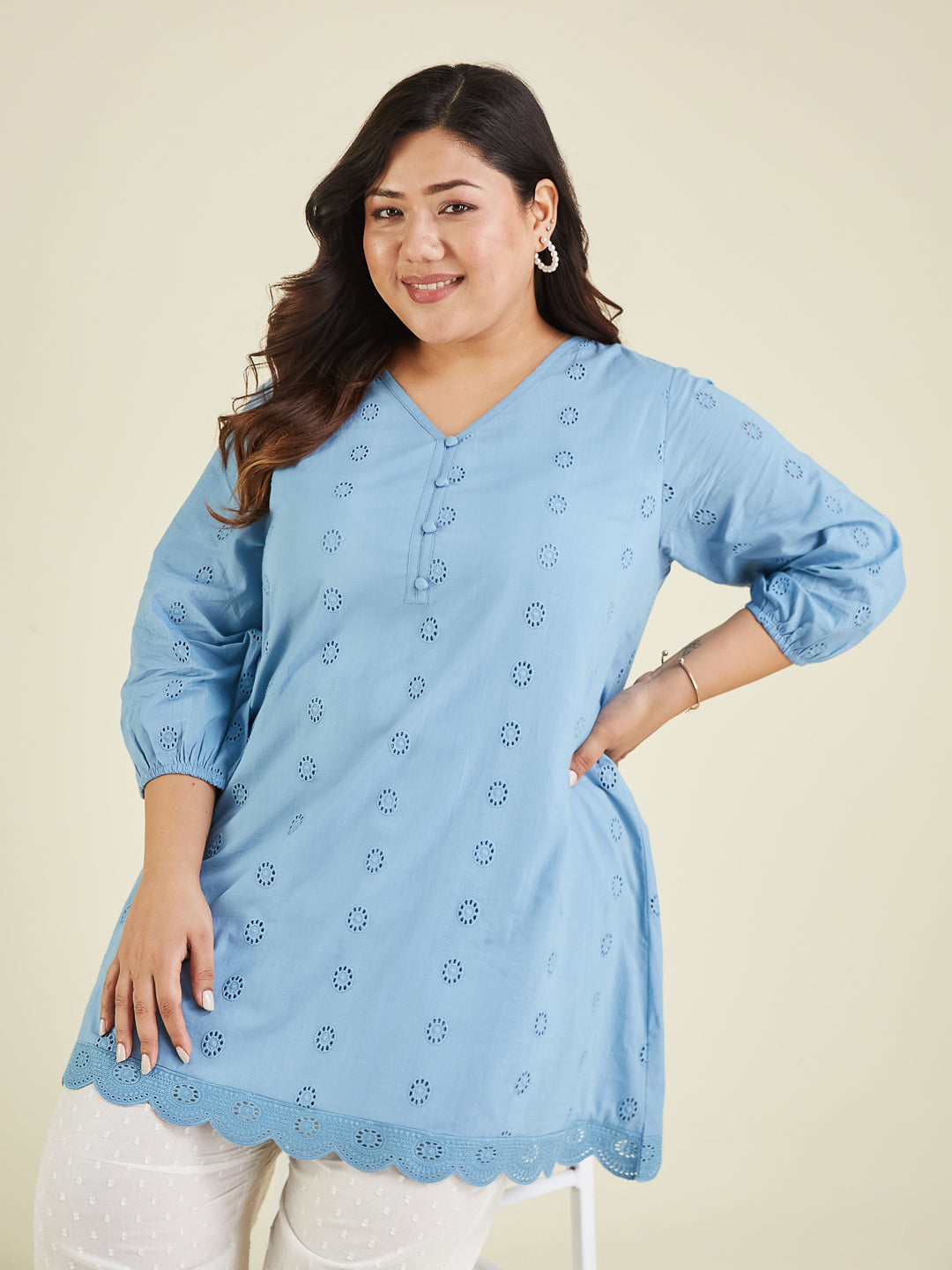 Women's Plus Size Light Blue Pure Cotton Schiffli Embroidered A-line Tunic