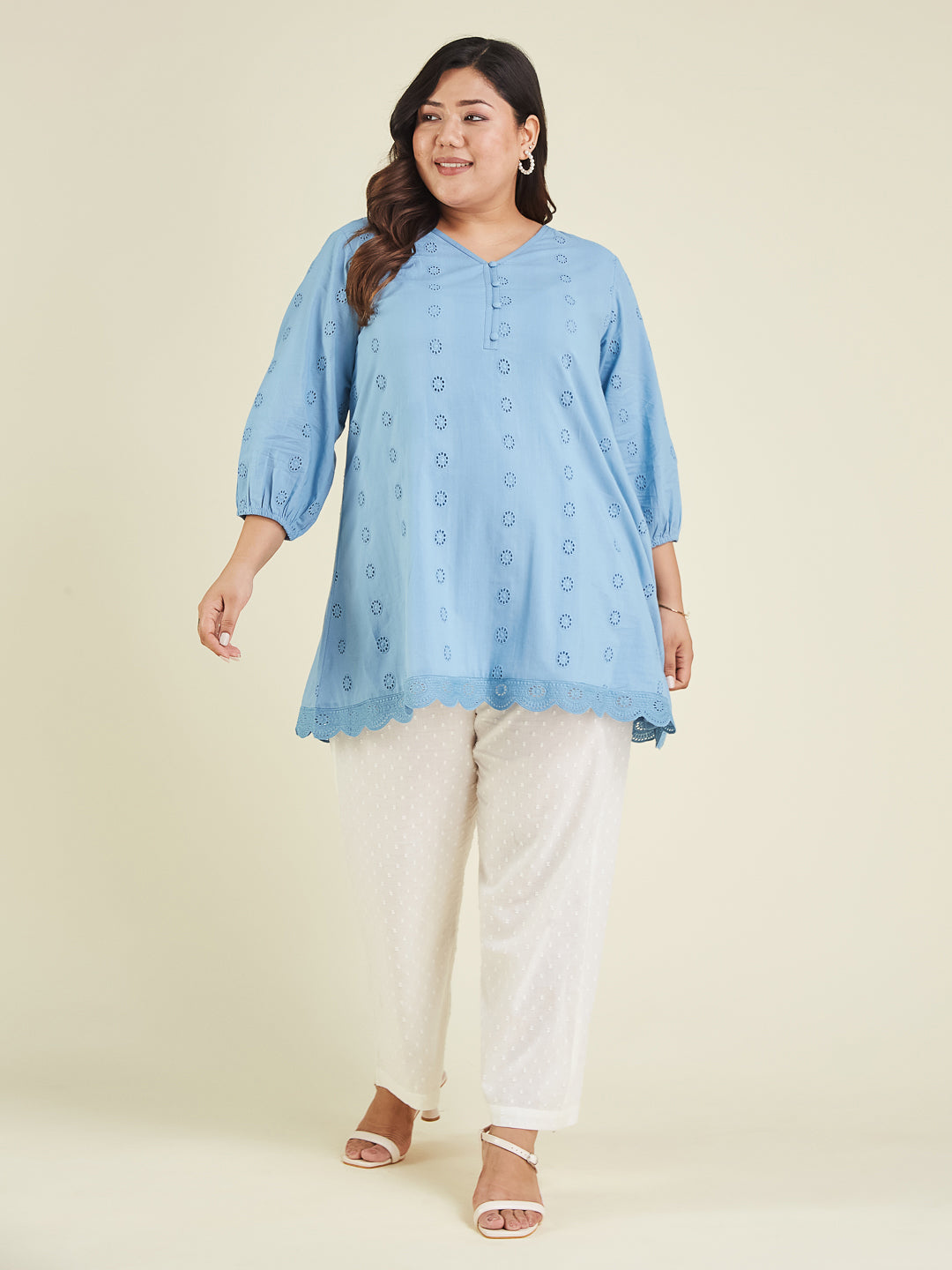 Women's Plus Size Light Blue Pure Cotton Schiffli Embroidered A-line Tunic