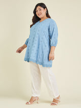 Women's Plus Size Light Blue Pure Cotton Schiffli Embroidered A-line Tunic