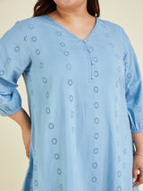 Women's Plus Size Light Blue Pure Cotton Schiffli Embroidered A-line Tunic