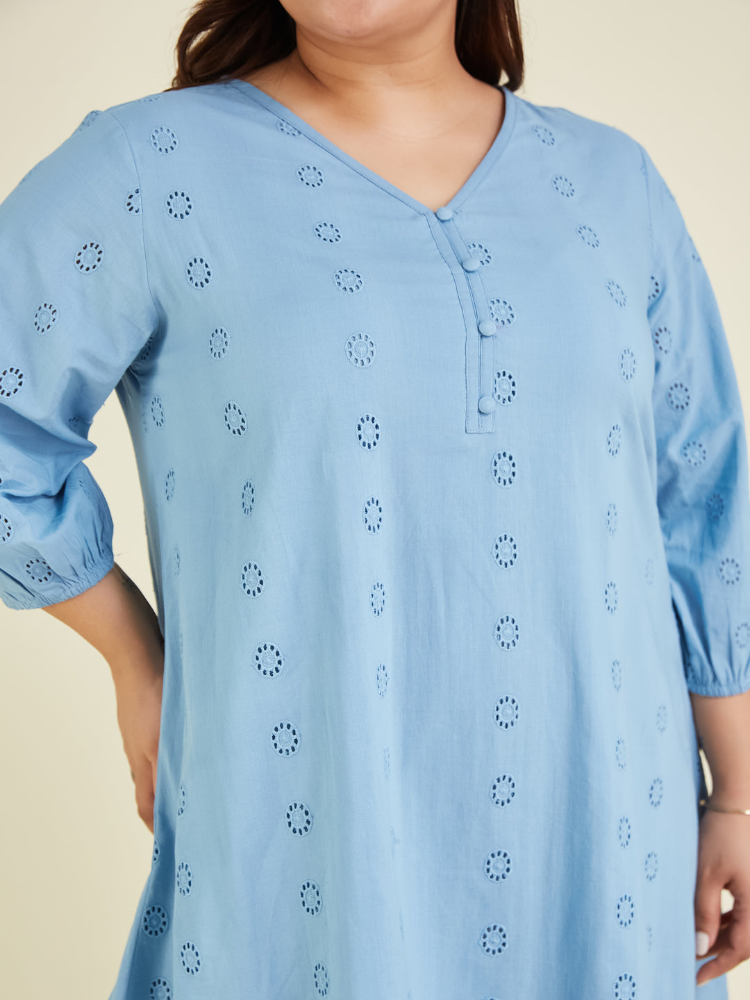 Women's Plus Size Light Blue Pure Cotton Schiffli Embroidered A-line Tunic