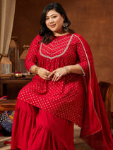 Women's Red Rayon Embellished Gold Printed A-line Kurta With Sharara & Dupatta Set