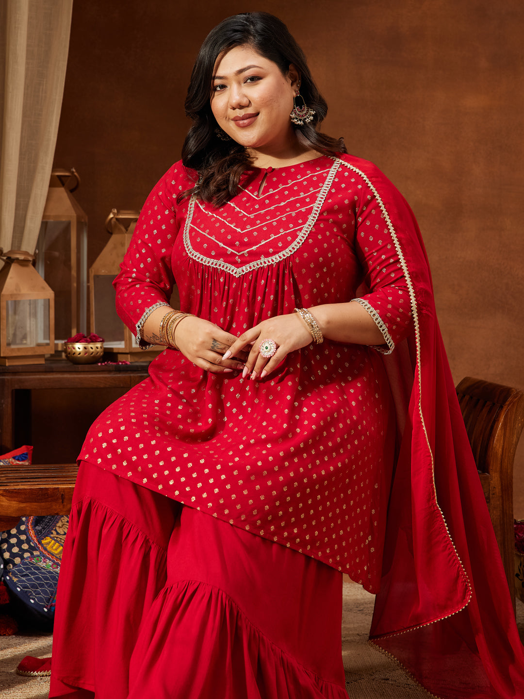 Women's Red Rayon Embellished Gold Printed A-line Kurta With Sharara & Dupatta Set