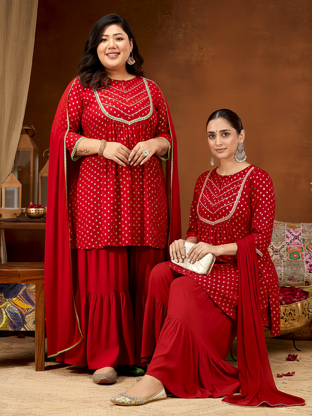 Women's Maroon Rayon Foil Printed Embellished A-line Kurta With Sharara & Dupatta Set