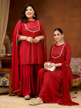 Women's Maroon Rayon Foil Printed Embellished A-line Kurta With Sharara & Dupatta Set