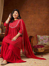Women's Red Rayon Embellished Gold Printed A-line Kurta With Sharara & Dupatta Set